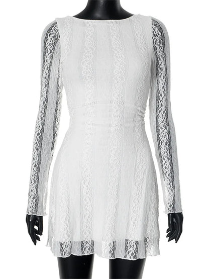 White Lace See-Through Mini Dress For Women Fashion High Waist Patchwork Slim Elegant Party Dress Gown Ladies Solid Dress