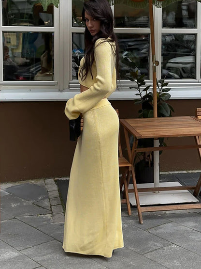 Women Knitted Lace Up 2pcs Set With Skirt Long Sleeve Waist Exposed Cardigan Sexy Slit Long Skirts Autumn New Matching Sets