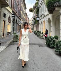 V-neck Knitted Button Sets Solid Sleeveless Vest Patchwork Pleat Gauze Skirt Suit Women 2024 New 2 Pieces Chic Outfit Streetwear