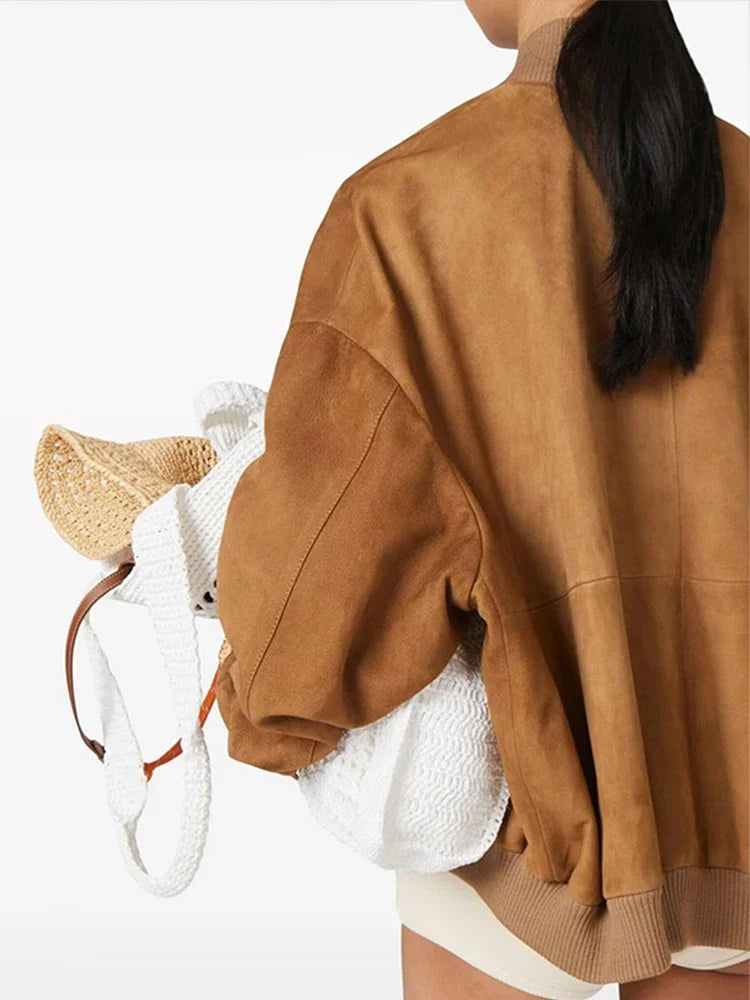 Women Patchwork Suede Jackets Long Sleeve Pocket Zipped Stand Coats 2024 Autumn Winter New Fashion Commuting Top Outerwears