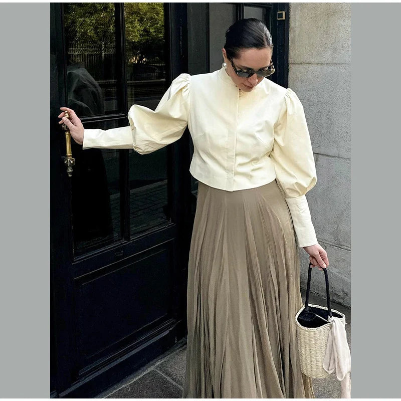 Retro Solid Stand Collar Short Shirt Women Elegant Single Breasted Puffy Sleeve Shirts Coat Lady Versatile Chic Streetwear