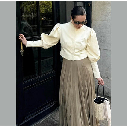 Retro Solid Stand Collar Short Shirt Women Elegant Single Breasted Puffy Sleeve Shirts Coat Lady Versatile Chic Streetwear