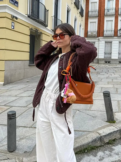 Casual Quilted Padded Jackets Women's Faionable Loose Round Neck Long Sleeve Zipper Cropped Length Outerwear Winter New