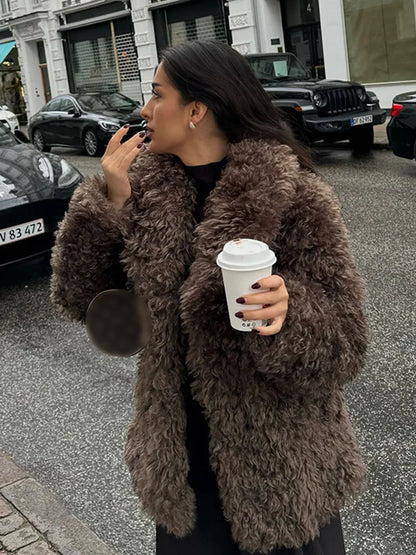 Elegant Winter Warm Fluffy Faux Fur Women's Solid Coat New Chic Lapel Long Sleeve Thick Furry Jacket Lady Thermal Outerwear