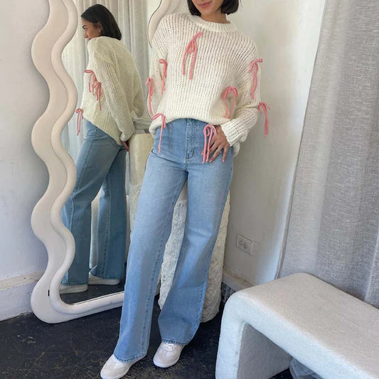 Women Fashion Lace-up Bowknot Sweater Autumn Elegant Round Neck Top Pullover Winter Long Sleeve Loose Streetwear Jumper Harajuku
