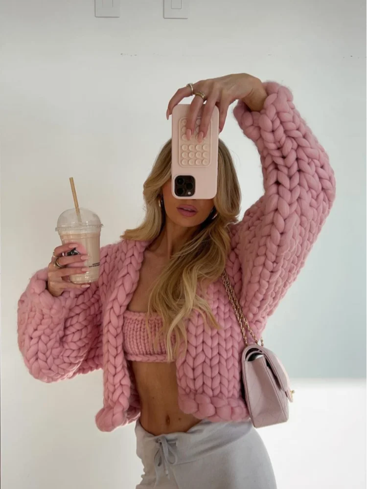 Knitted Twist Chic Cardigans Women Elegant Long Sleeve Loose O-neck Sweaters Female Autumn Vintage All-match Coats Tops