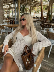 Solid Hollow Out Knitted Beach Dress Women 2024 New V Neck Long Sleeve Lace-up Vestidos Summer Sexy Fashion Holiday Mini Dresses