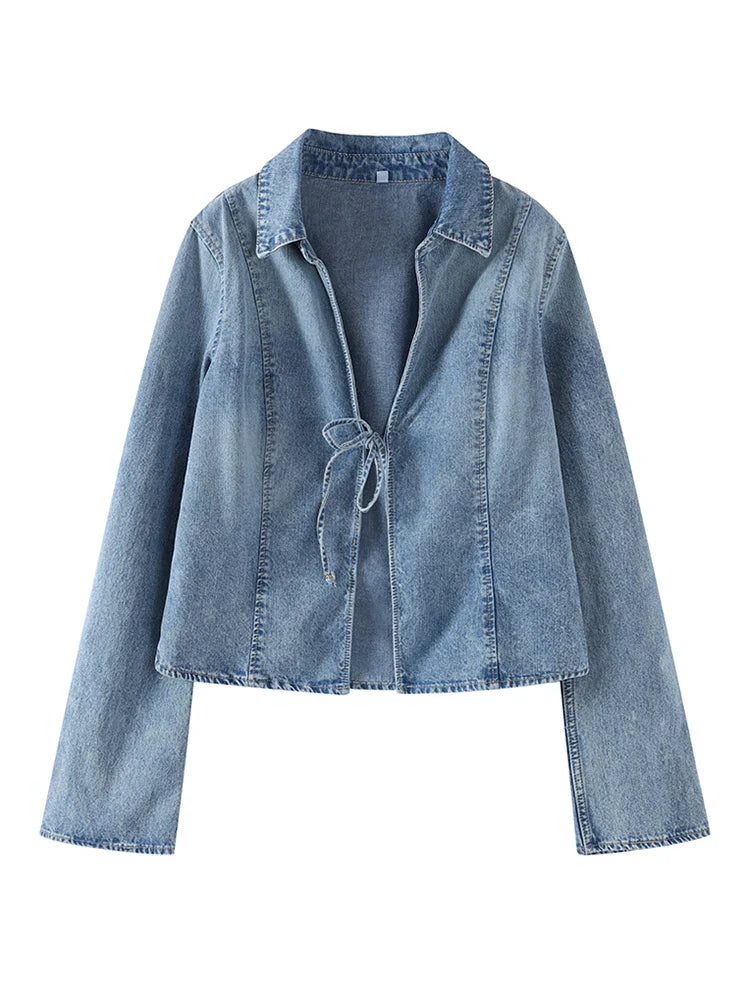Women's Denim Jacket Without Buckle Tie Up Slim Fit Female Jacket New Baseball Jersey Casual Summer Autumn Simple Jacket