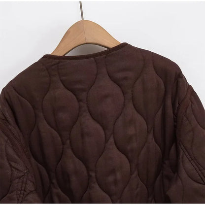 Casual Quilted Padded Jackets Women's Faionable Loose Round Neck Long Sleeve Zipper Cropped Length Outerwear Winter New