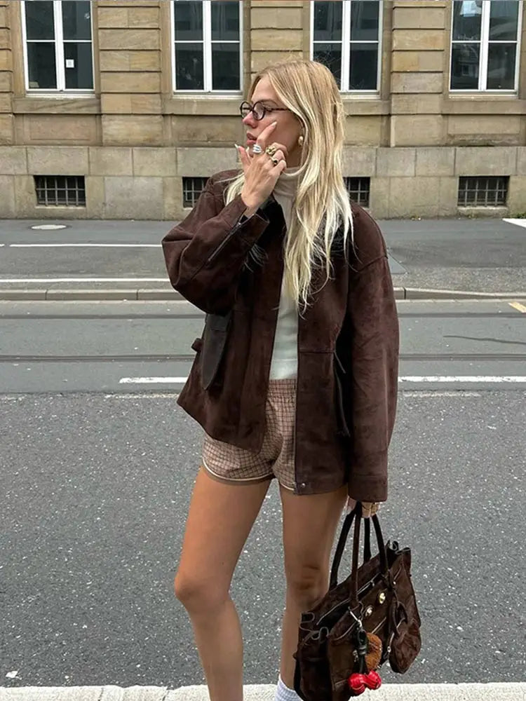 Fashion Lady Lapel Collar Pocket Woolen Short Coats Vintage Long Sleeve Solid Loose Women's Jackets Warm Winter Streetwear