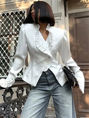 TAIVIMART  -  White Ruffled Vintage Shirts For Women Patchwork V-Neck Long Sleeve Autumn Elegant Streetwear Female Cardigan Blouses