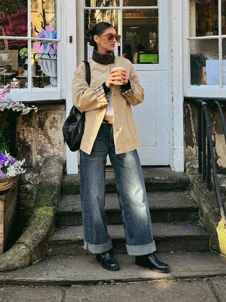 Leather Collar Cargo Jacket Button Down Plaid Pattern Patchwork Jackets Vintage Contrast Color Trench Coat Loose Casual Outwear