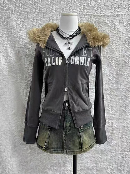 Autumn and Winter Classic Harajuku Style Fashion Retro Hoodie Winter Thick Fur Leather Collar Women's Popular Jacket Top