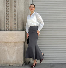 Elegant Streetwear Gray Long Skirts New Summer High Waist Autumn Women Skirts New Casual Slim Fishtail Winter Skirt