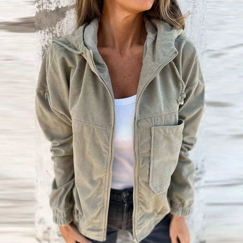 Fall Solid Ribbed Warm Corduroy Jacket Woman Casual Zip Drawstring Hooded Top Cardigan Winter Long Sleeve Loose Outerwear & Coat