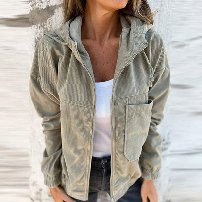 Fall Solid Ribbed Warm Corduroy Jacket Woman Casual Zip Drawstring Hooded Top Cardigan Winter Long Sleeve Loose Outerwear & Coat