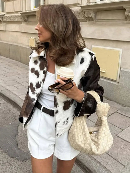 Chic Patchwork Printed Women 's Jackets Vintage Laple Zipper Full Sleeve Short Jacket Lady 2025 Autumn Fashion Female Streetwear