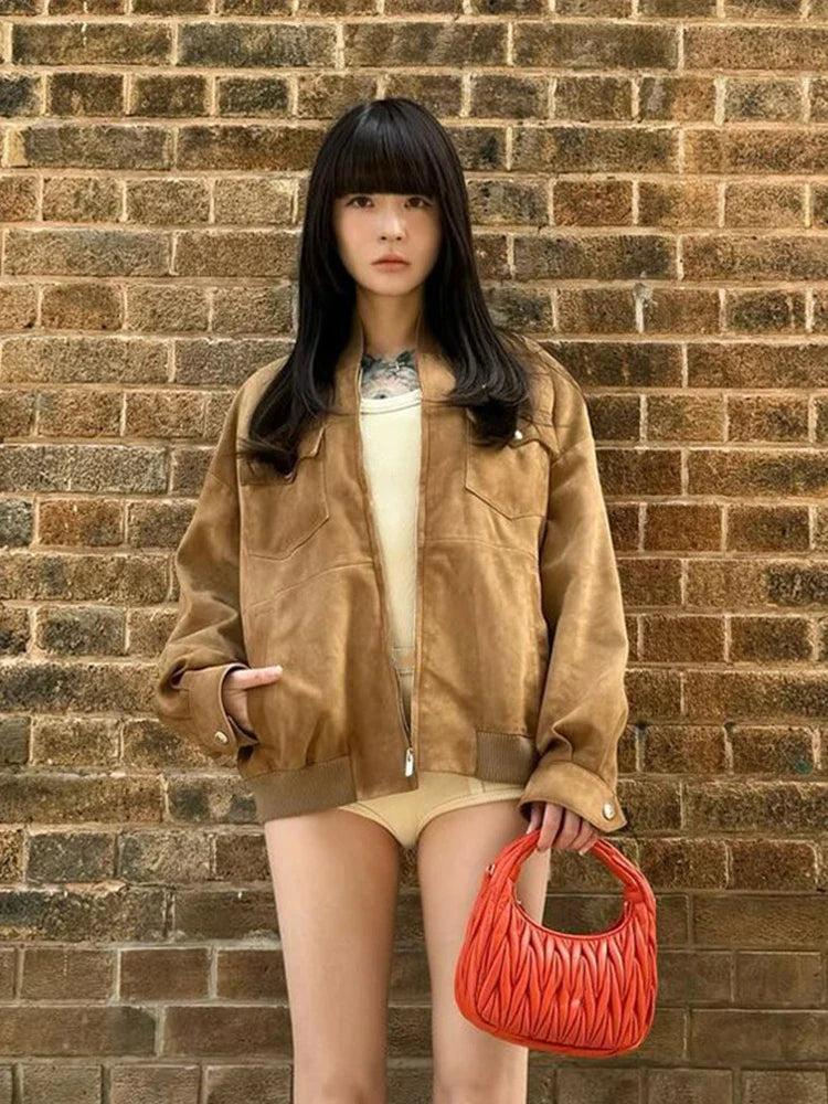 Women Patchwork Suede Jackets Long Sleeve Pocket Zipped Stand Coats 2024 Autumn Winter New Fashion Commuting Top Outerwears