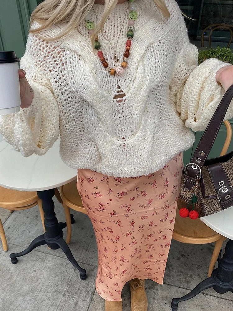 Women's Hand-knitted Twist Sweater Pullover Loose Fashion Versatile Long Sleeve Knitted Top Solid Color Autumn Winter New