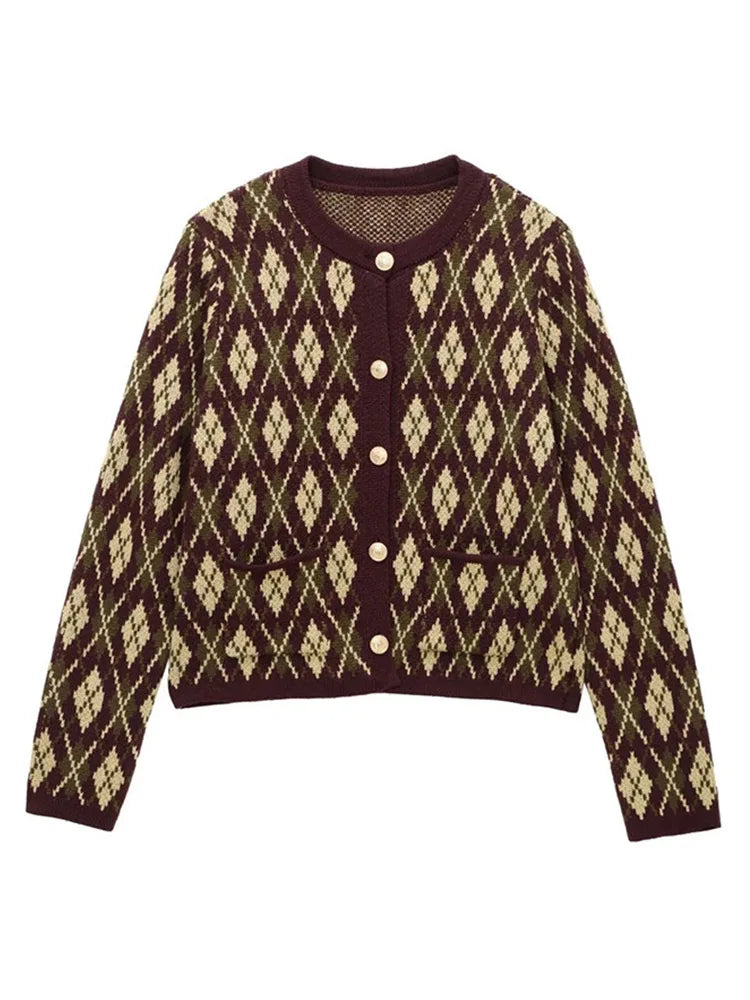 Check Plaid Knitted Cardigans Women Single Breasted Casual Loose Elegant Sweaters Long Sleeve Chic Coats 2024 Winter Lady Tops