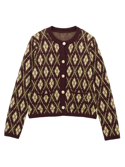 Check Plaid Knitted Cardigans Women Single Breasted Casual Loose Elegant Sweaters Long Sleeve Chic Coats 2024 Winter Lady Tops