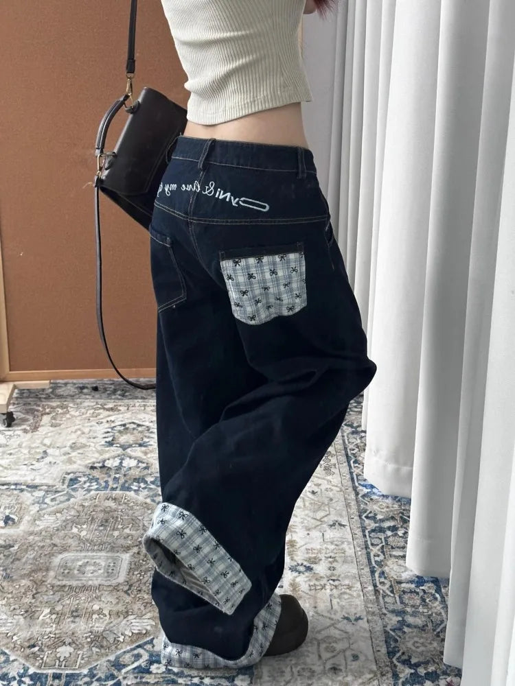 Y2k Embroidery Baggy Jeans Women Vintage Plaid Patchwork Denim Trousers Harajuku Korean Sweet Oversized Jeans Cutecore