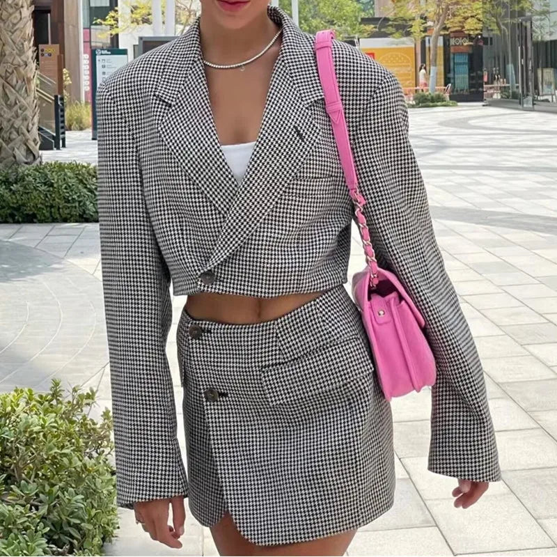 Women Blazer High Waist Irregular Cross Slit Mini Skirt Set Suits 2 Pieces Set Sexy Houndstooth Check Plaid One Button Short