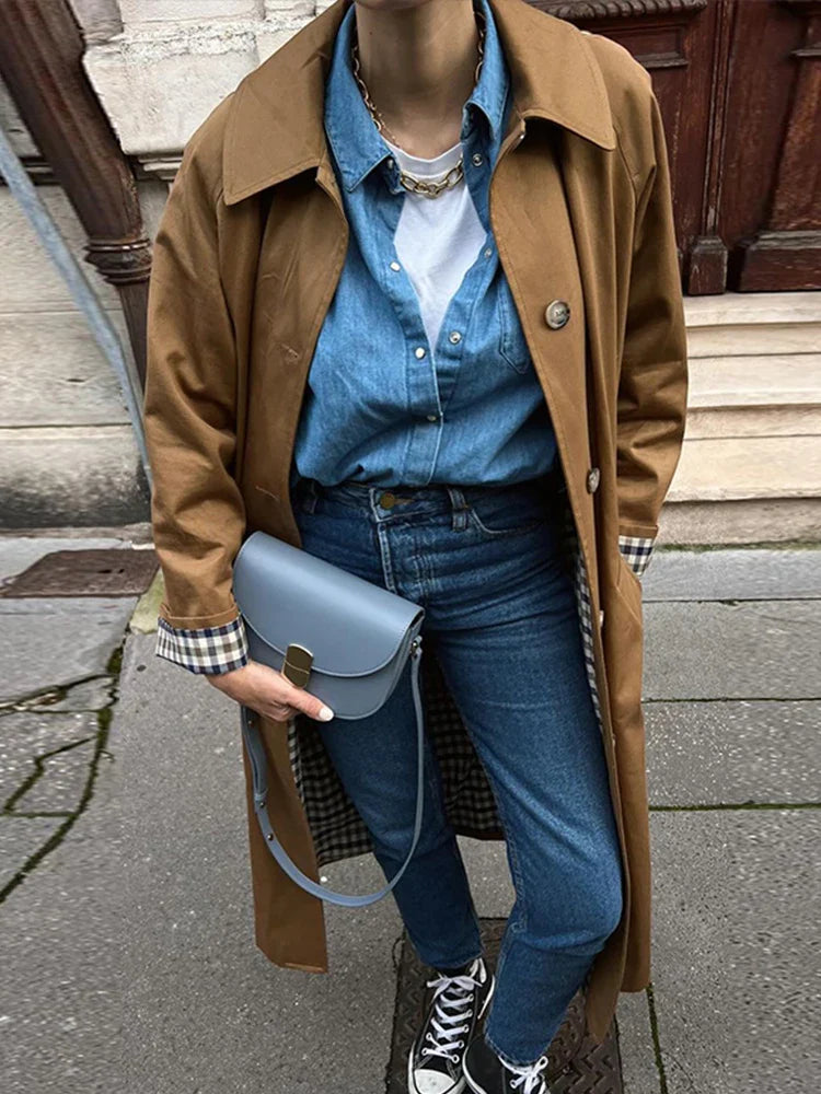 Woman Casual Long Trench Coats Khaki Plaid Lined Lapel Single Breasted Jacket With Pocket 2024 Autumn Chic Lady Commute Outwear