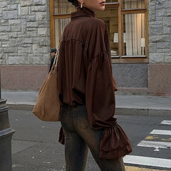 Fashion Flare Sleeve Blouse Shirt with Scarf Y2K Women Vintage Brown Oversized T-shirt Casual Top Autumn Streetwear