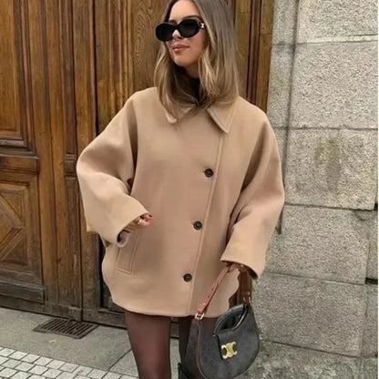 Diagonal Breasted Warm Loose Jacket Women Lapel Double Pocket Batwing Sleeve Solid Coats Winter Female Chic Vintage Outwear