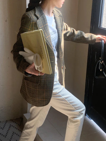 Vintage Wool Blends Coats Women Plaid Woolen Jacket Elegant Commute Blazer Korean Long Sleeve Outerwears Winter Ladies Overcoat