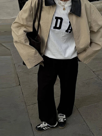 Leather Collar Cargo Jacket Coat Color Patchwork Lapel Button Zipper Pocket Workwear Outwear Loose Casual Minimalist Outwear Top