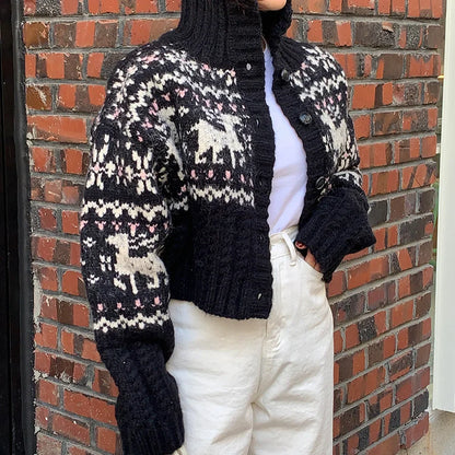 Retro Gentle Style Stand Collar Single Breasted Christmas Knitted Top Elk Jacquard Long Sleeve Sweater Jacket Cropped Cardigan