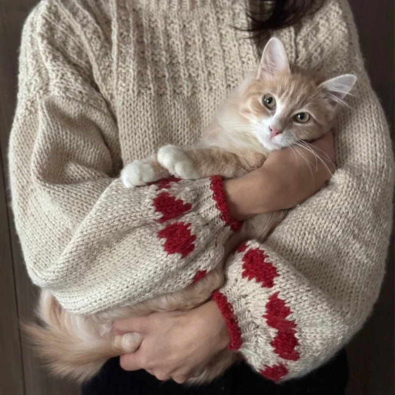 Autumn Knitted Sweater Vintage Heart Pattern Long Sleeve O Neck Loose Knitwear Y2K Aesthetic Grunge Loose Fit Pullovers Jumpers