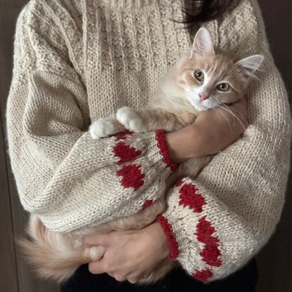 Autumn Knitted Sweater Vintage Heart Pattern Long Sleeve O Neck Loose Knitwear Y2K Aesthetic Grunge Loose Fit Pullovers Jumpers