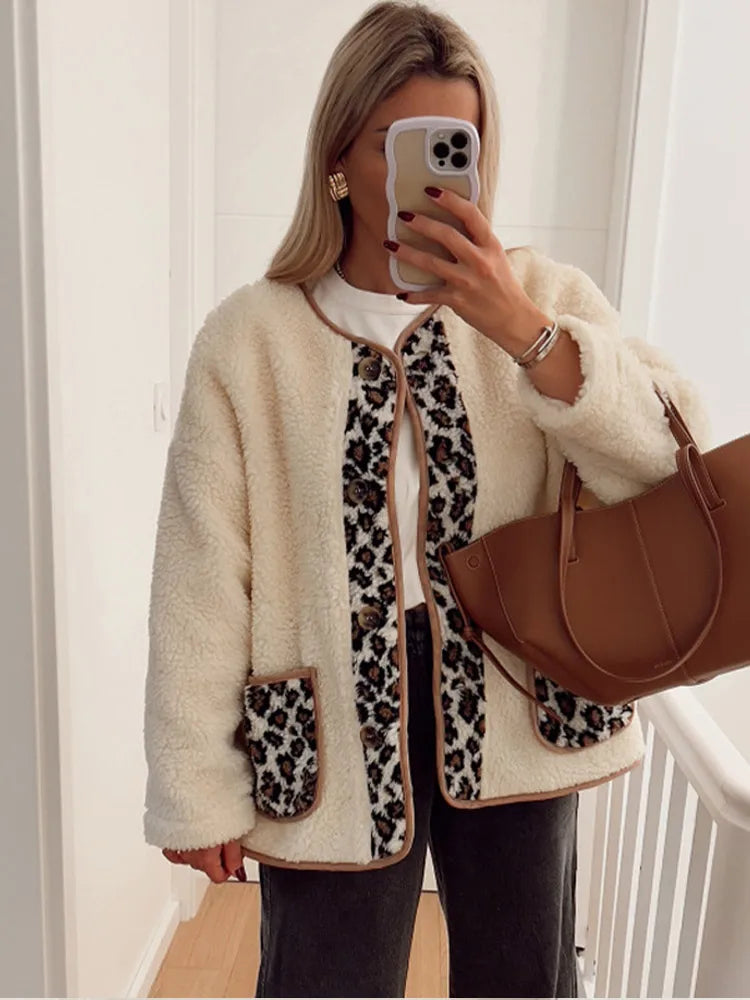 Casual Leopard Print Patchwork Lamb Wool Coat For Women Fashion Buttons Down O-neck Pockets Jacket Winter Warm Lady Chic Outwear