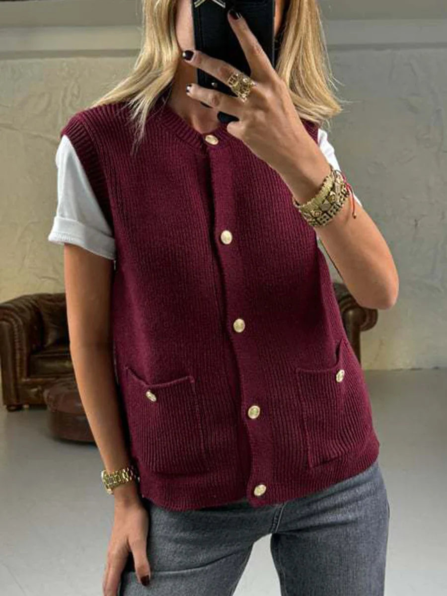 Pocket Solid Cardigan Vest Women O Neck Single Breasted Sleeveless Knit Waistcoat 2025 New Simple Casual Fashion Sweater Jacket