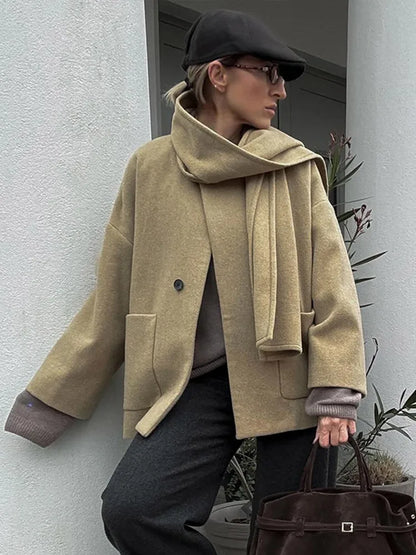Woolen Scarf Collar Casual Coat Women Single Breasted Elegant Thicken Warm Pocket Loose Solid Jacket Winter Long Sleeve Outwear