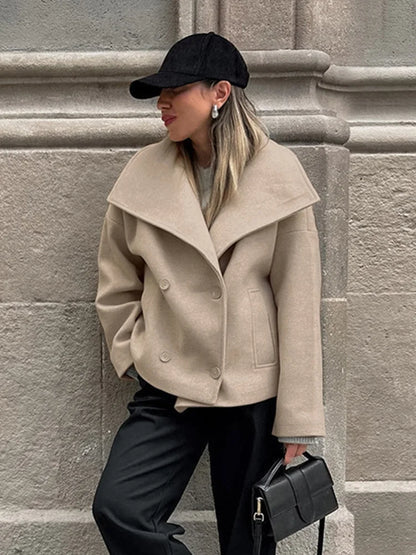 TAVIMART  -  Vintage Large Lapel Collar Short Coats Women Retro Casual Double-Breasted Pocket Coat Female Autumn Chic Loose Street Outwear