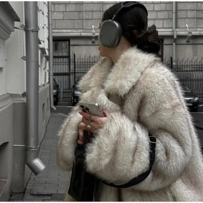 Furffy Thicken Jackets Women Faux Fur Loose Lapel Long Sleeves Warm Coats Female Winter Fashion Solid Soft Outwears Lady