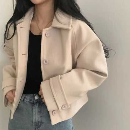 Short Cashmere Coat for Women, Wool Overcoat, Lapel Collar, Single Breasted, Female Outerwear, Autumn and Winter,