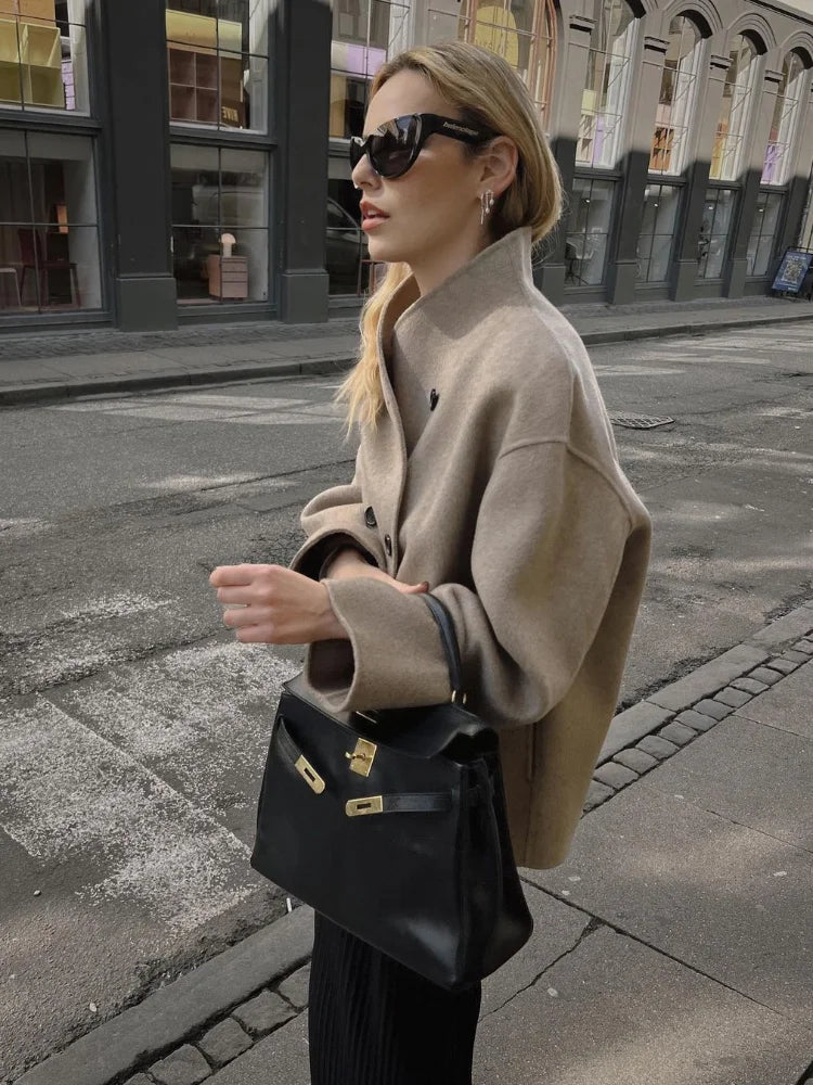 Elegant Wool Women's Coats Loose Casual Double Breasted Stand Collar Short Jacket 2024 Fall Winter Coat Female Commute Outerwear