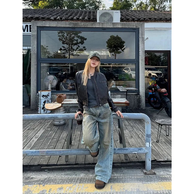 Women's Street Casual 2000s Pants Baggy Y2K Wide Leg Washed Grunge Denim Trouser American Vintage High Waist Straight Emo Jeans