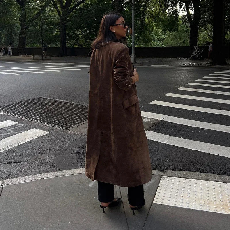 Casual Solid Long Women Streetwear Long Sleeve Turn-down Collar Double Breasted Female Coat 2025 Autumn Fashion Lady Jacket New