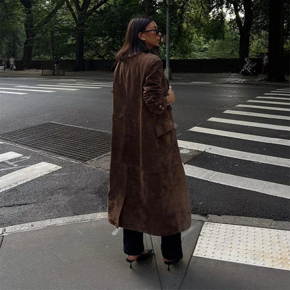 Casual Solid Long Women Streetwear Long Sleeve Turn-down Collar Double Breasted Female Coat 2025 Autumn Fashion Lady Jacket New