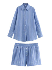 Striped Casual Shorts Set Outfits 2 Pcs Women Summer Spring Set Back Bowknot Buttons Decor Loose Beach Suit Female 2024