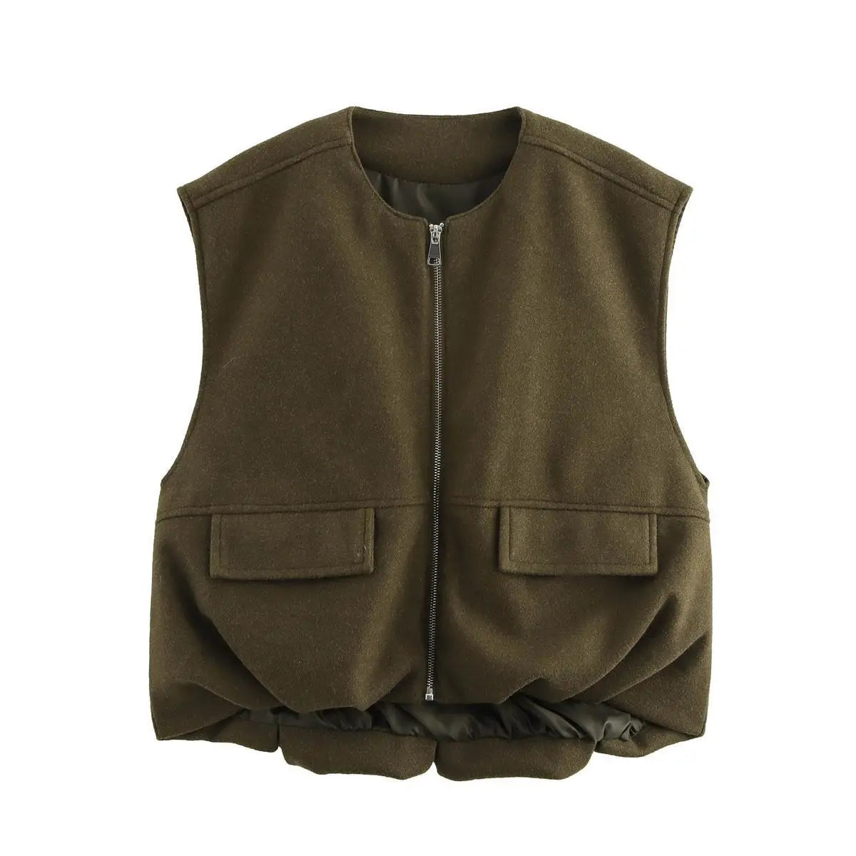 Winter New Vintage Solid Vest Jacket Women Round Neck Zipper Cardigan Waistcoat Streetwear Fashion Sleeveless Outerwear