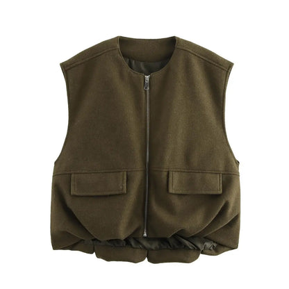 Winter New Vintage Solid Vest Jacket Women Round Neck Zipper Cardigan Waistcoat Streetwear Fashion Sleeveless Outerwear