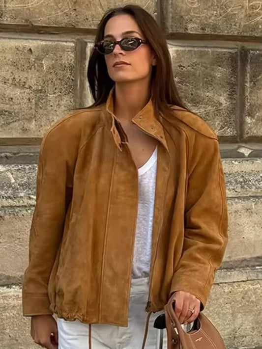 Casual Long Sleeve Stand Collar Female Coats Vintage Suede Zipper Jacket for Women Autumn New Lady Pockets Outerwear Street