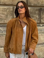 Casual Long Sleeve Stand Collar Female Coats Vintage Suede Zipper Jacket for Women Autumn New Lady Pockets Outerwear Street
